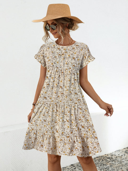 Frill Floral Round Neck Short Sleeve Tiered Dress - Odaingerous